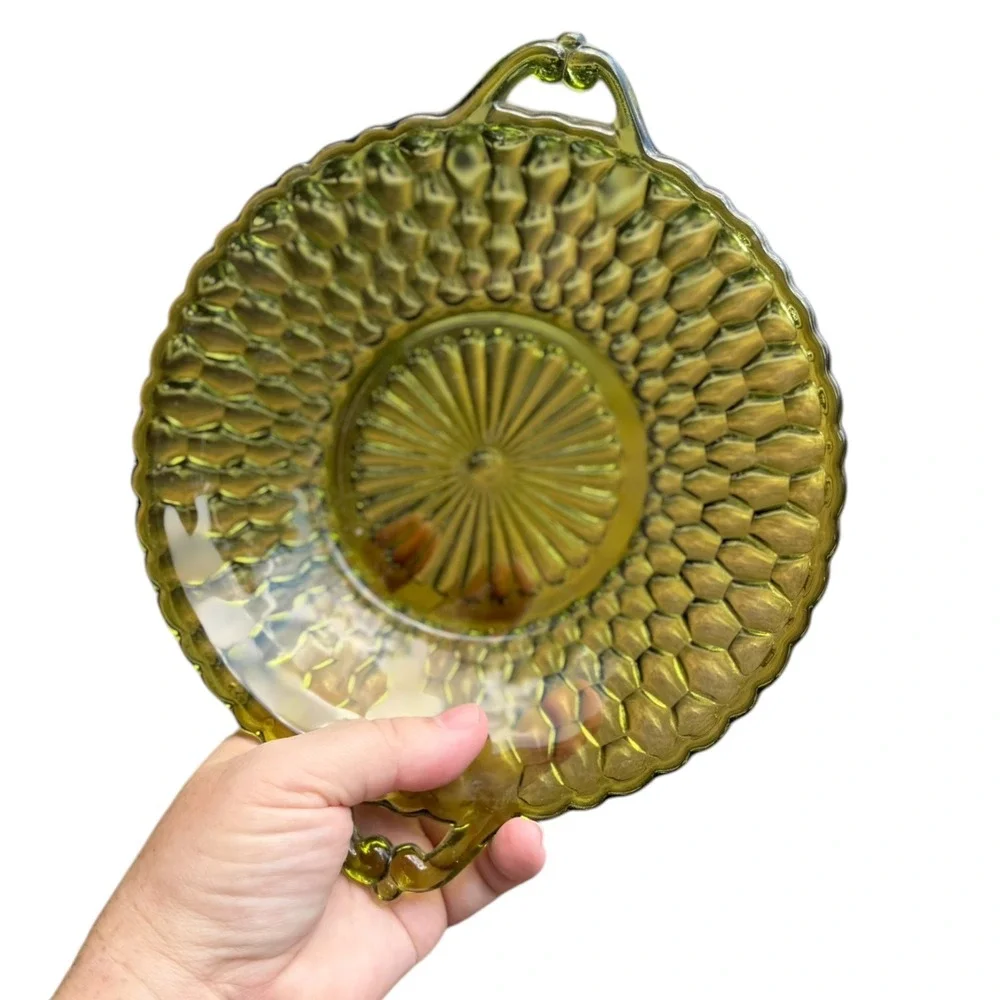 Vintage Green Pressed Glass Bowls Set of 4 Diamond Point Scalloped Edge Handles